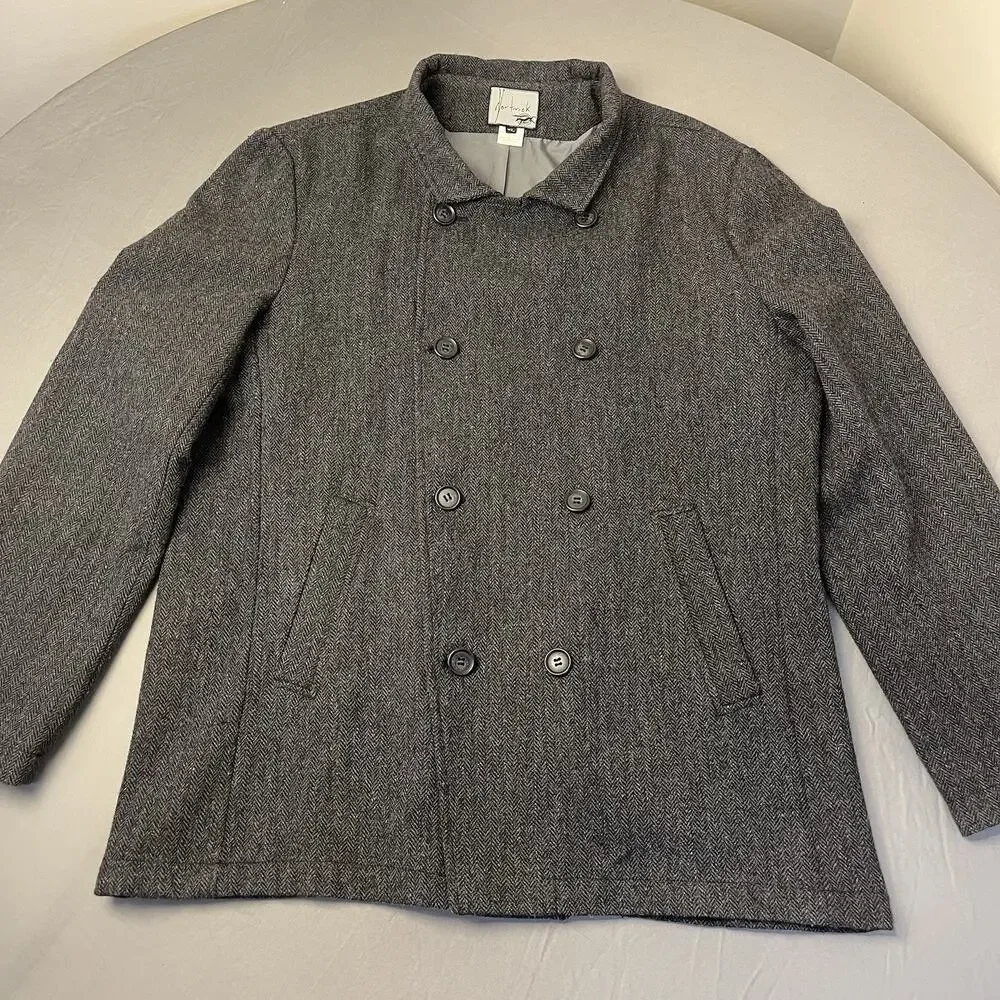 Men's Gray Double Breast Wool Blend Pea Coat Size XL Herringbone Tweed